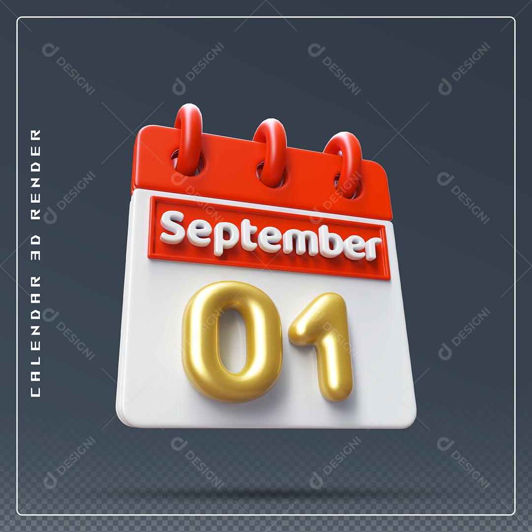 Calendário Do mês Setembro Dia 01 Elemento 3D Vermelho Dourado e Branco Para Composição PSD