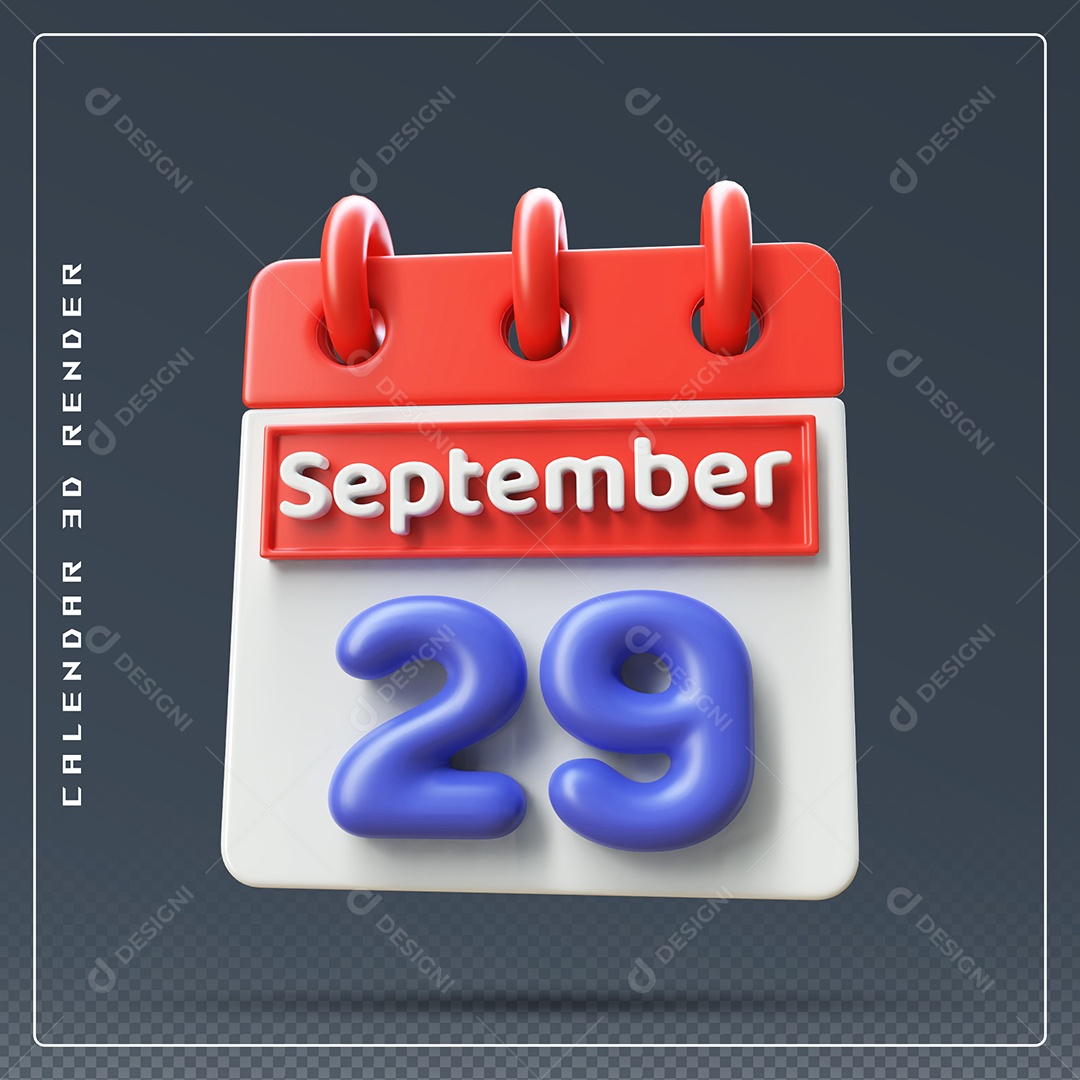 Calendário Do mês Setembro Dia 29 Elemento 3D Vermelho Azul e Branco Para Composição PSD