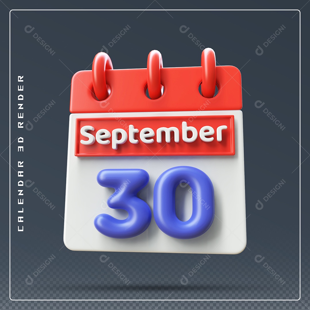 Calendário Do mês Setembro Dia 30 Elemento 3D Vermelho Azul e Branco Para Composição PSD