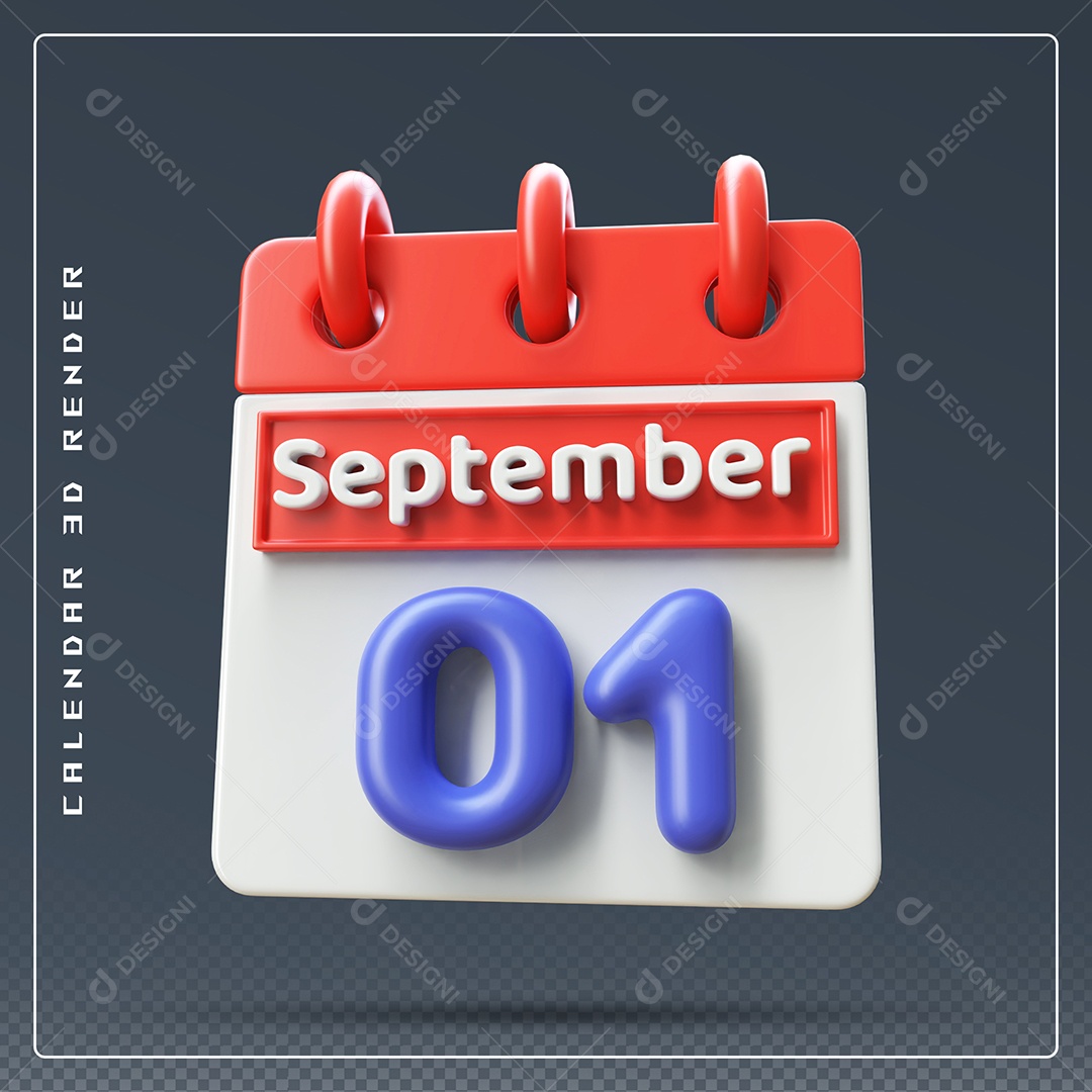 Calendário Do mês Setembro Dia 01 Elemento 3D Vermelho Azul e Branco Para Composição PSD