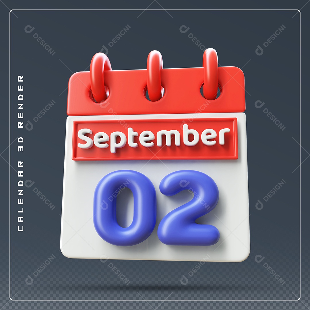 Calendário Do mês Setembro Dia 02 Elemento 3D Vermelho Azul e Branco Para Composição PSD