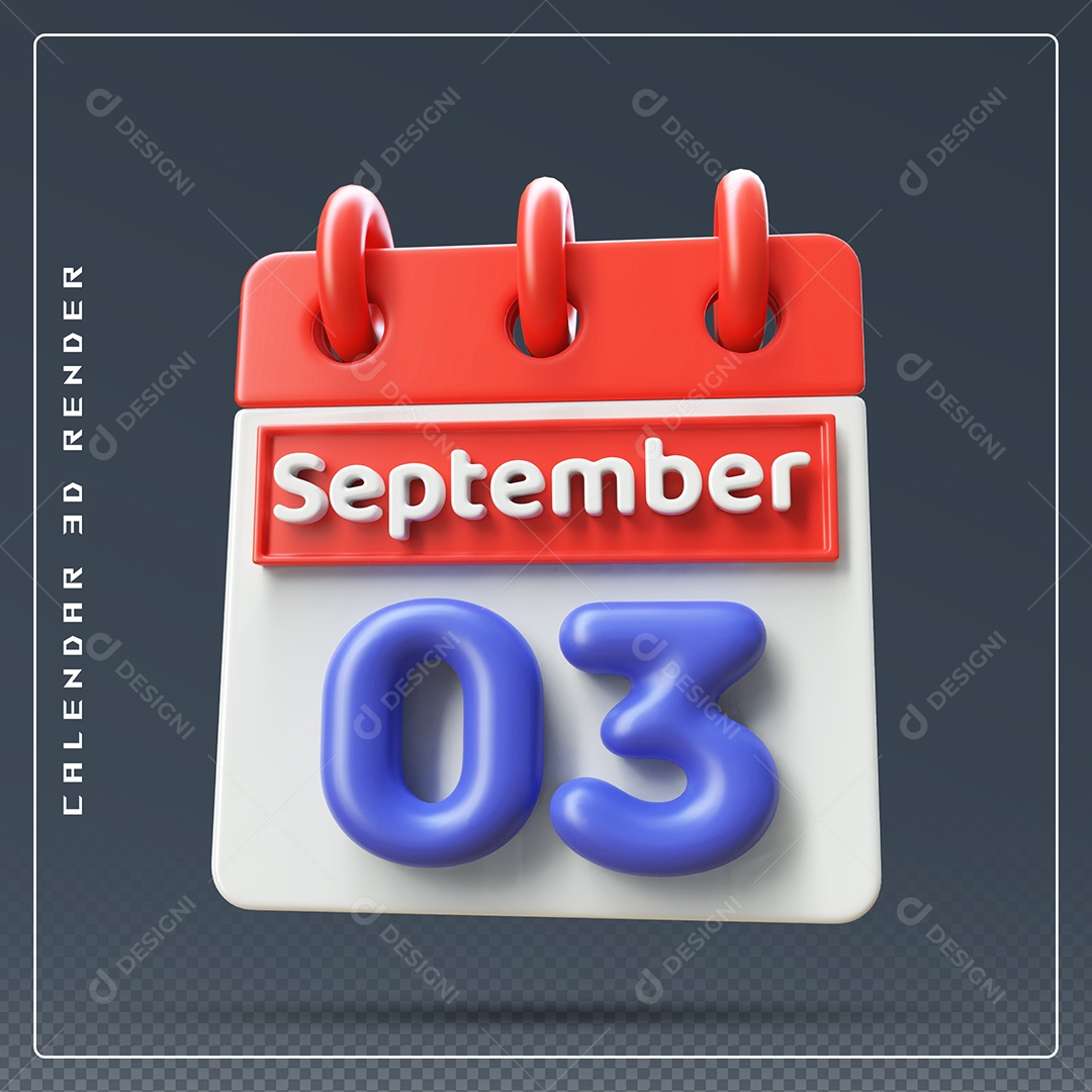 Calendário Do mês Setembro Dia 03 Elemento 3D Vermelho Azul e Branco Para Composição PSD
