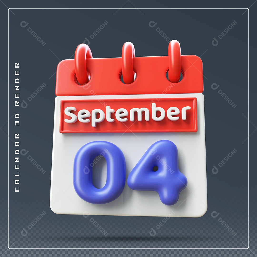 Calendário Do mês Setembro Dia 04 Elemento 3D Vermelho Azul e Branco Para Composição PSD