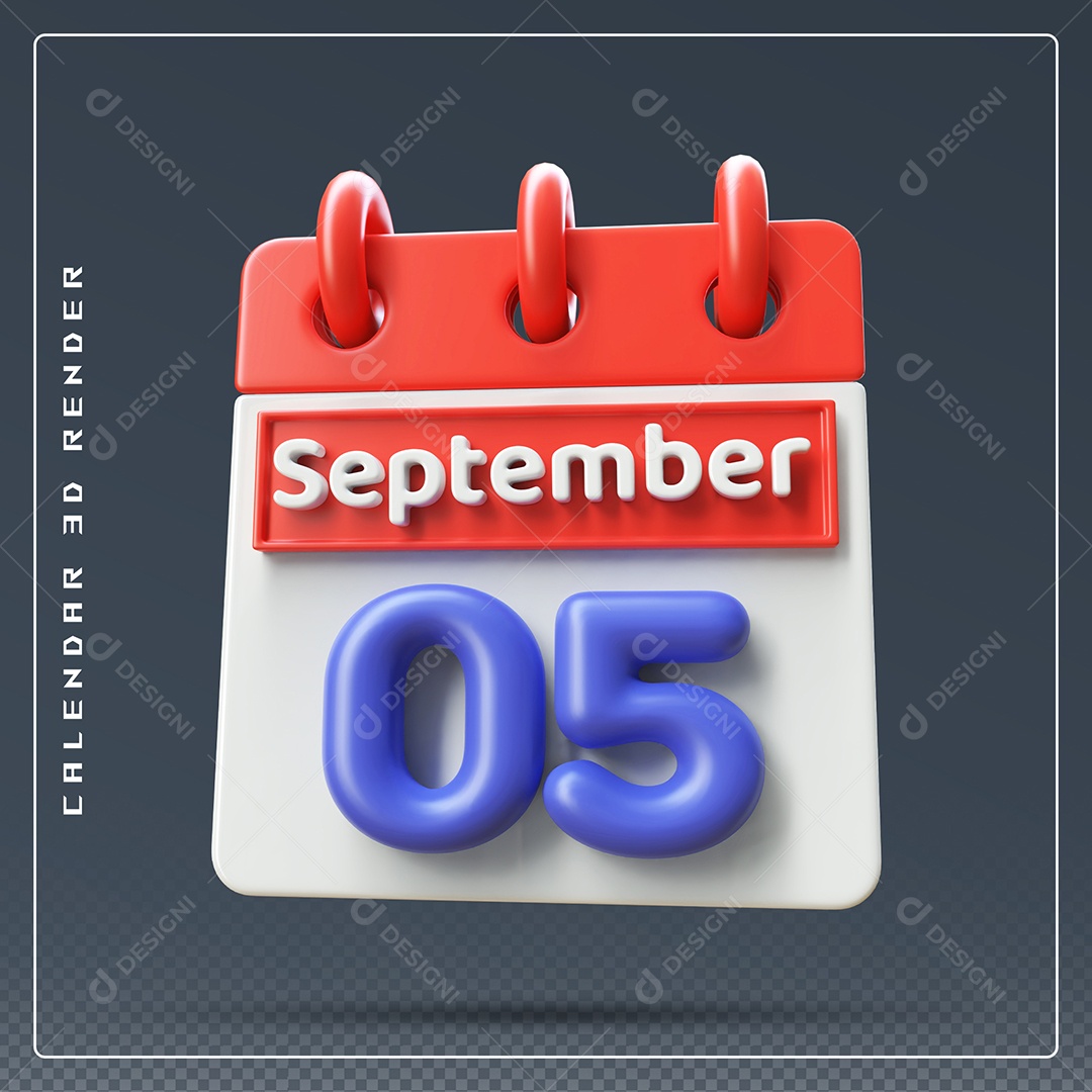 Calendário Do mês Setembro Dia 05 Elemento 3D Vermelho Azul e Branco Para Composição PSD