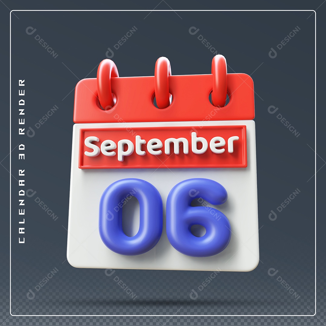 Calendário Do mês Setembro Dia 06 Elemento 3D Vermelho Azul e Branco Para Composição PSD