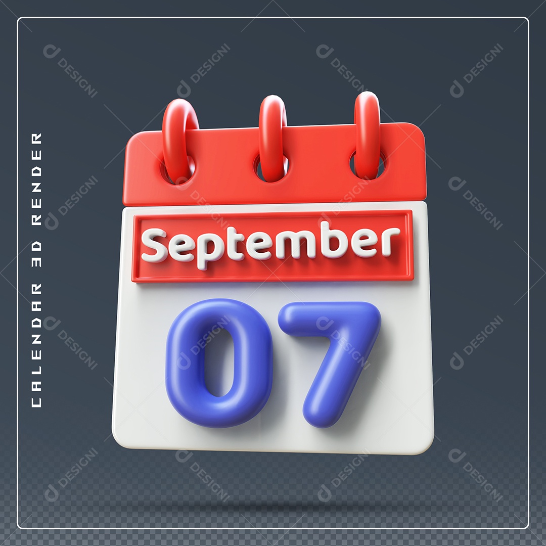 Calendário Do mês Setembro Dia 07 Elemento 3D Vermelho Azul e Branco Para Composição PSD