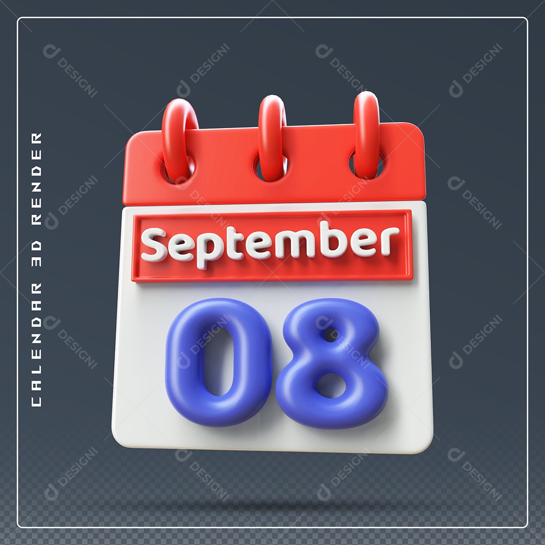 Calendário Do mês Setembro Dia 08 Elemento 3D Vermelho Azul e Branco Para Composição PSD