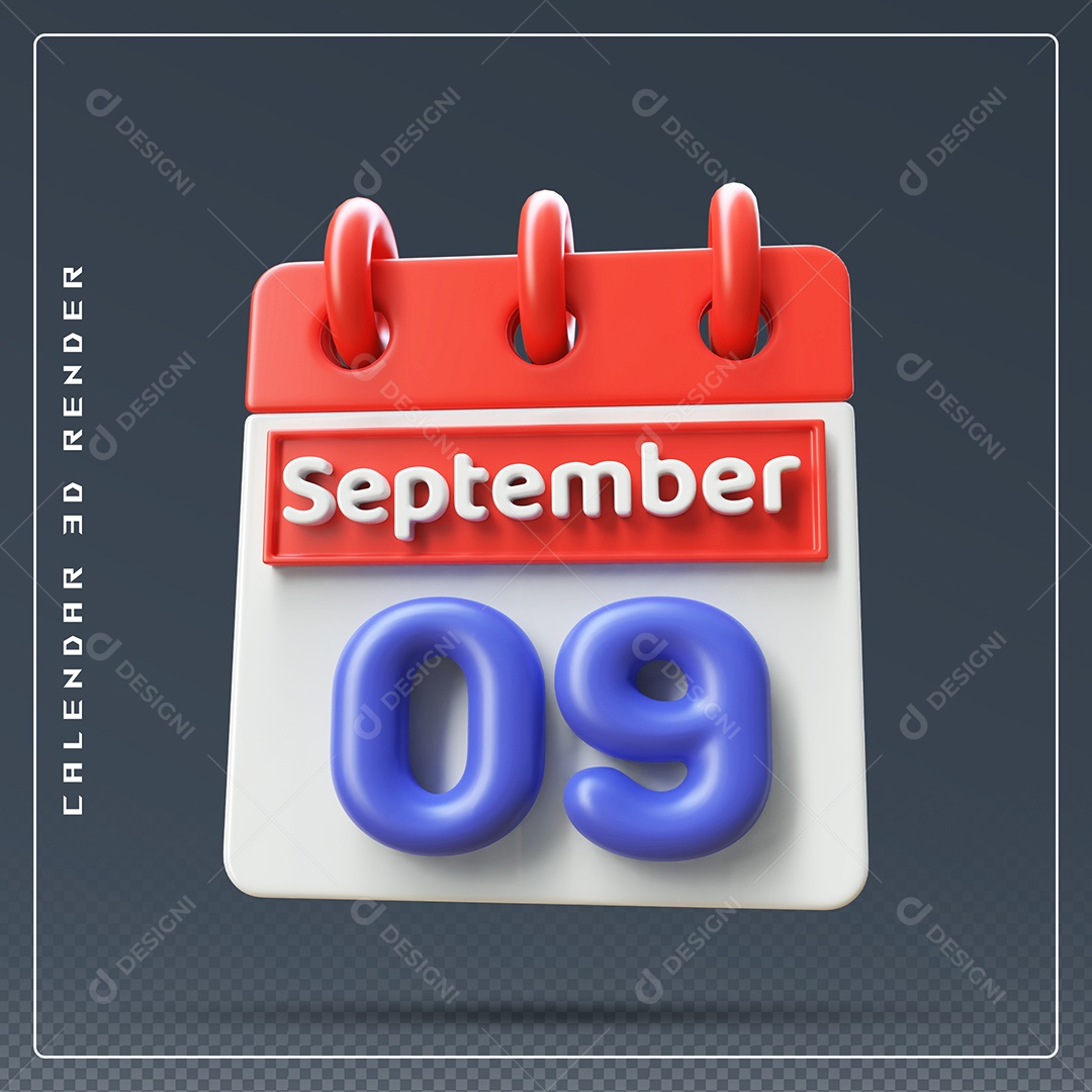 Calendário Do mês Setembro Dia 09 Elemento 3D Vermelho Azul e Branco Para Composição PSD