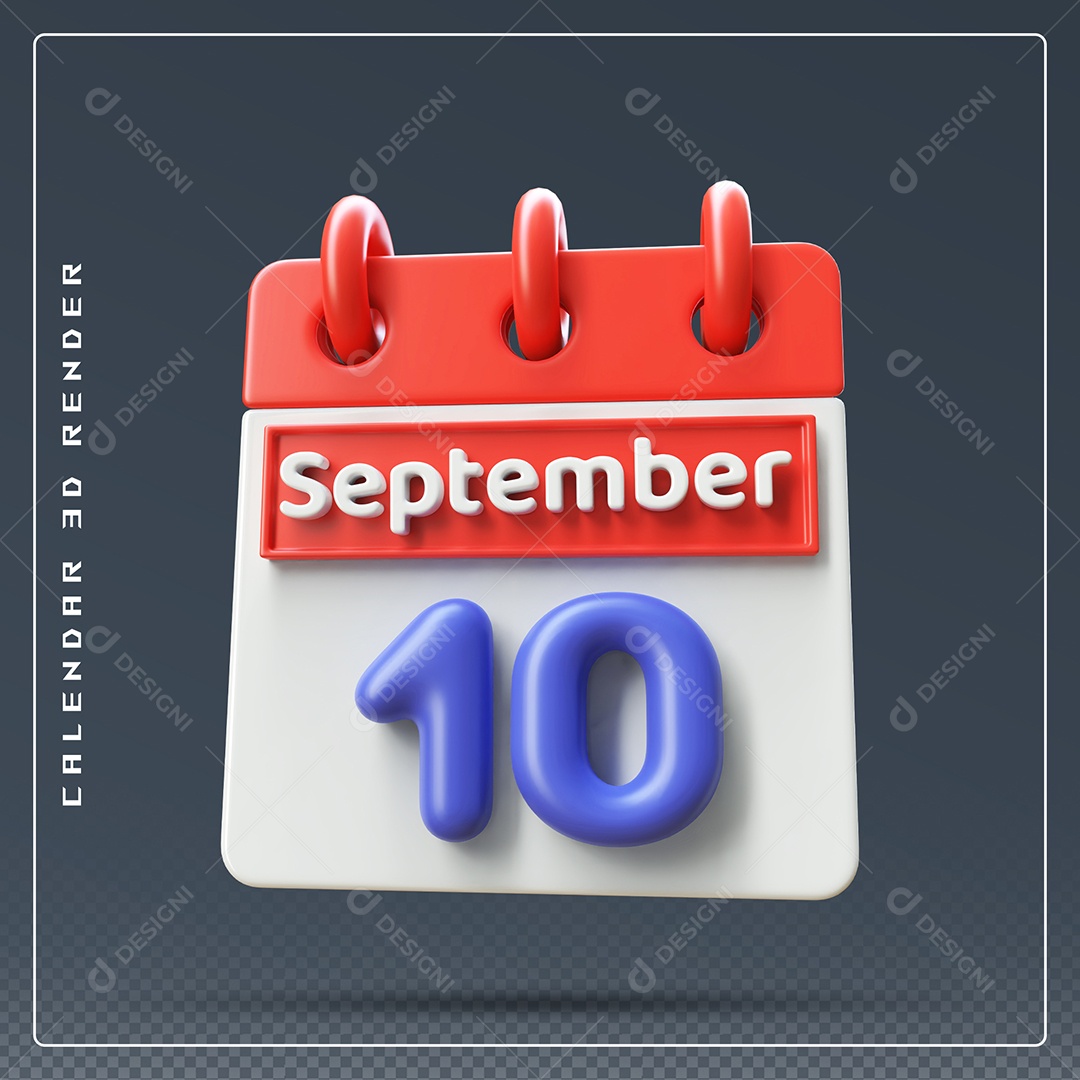 Calendário Do mês Setembro Dia 10 Elemento 3D Vermelho Azul e Branco Para Composição PSD