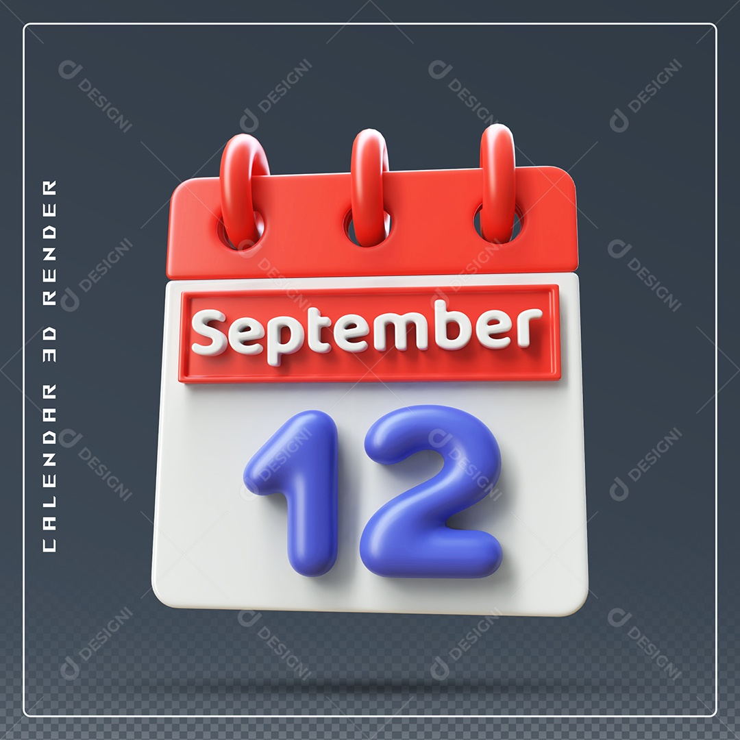Calendário Do mês Setembro Dia 12 Elemento 3D Vermelho Azul e Branco Para Composição PSD