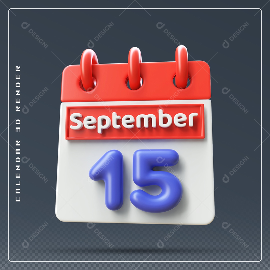 Calendário Do mês Setembro Dia 15 Elemento 3D Vermelho Azul e Branco Para Composição PSD