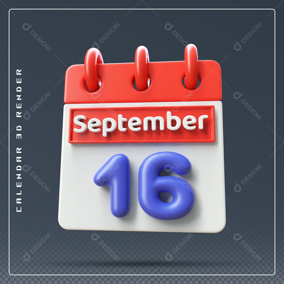 Calendário Do mês Setembro Dia 16 Elemento 3D Vermelho Azul e Branco Para Composição PSD