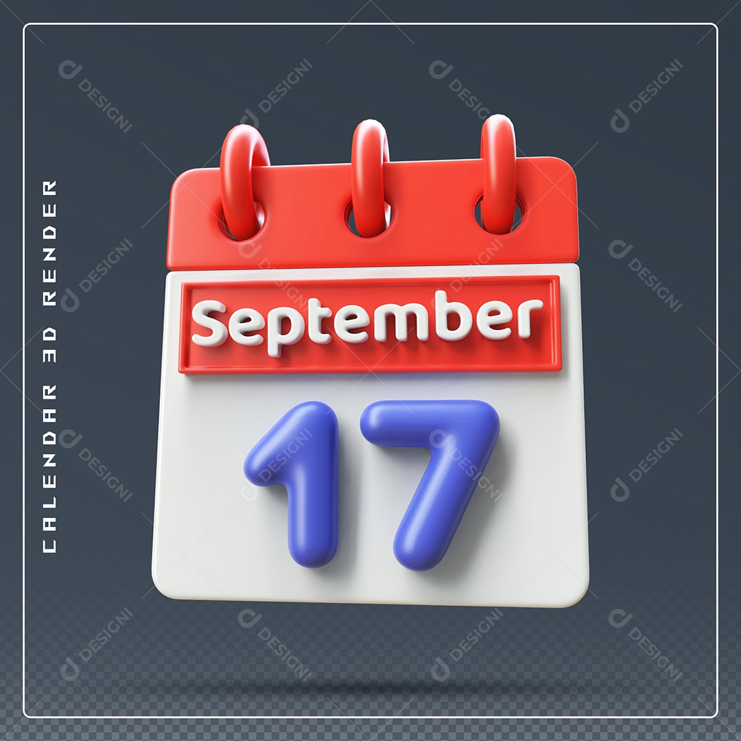 Calendário Do mês Setembro Dia 17 Elemento 3D Vermelho Azul e Branco Para Composição PSD