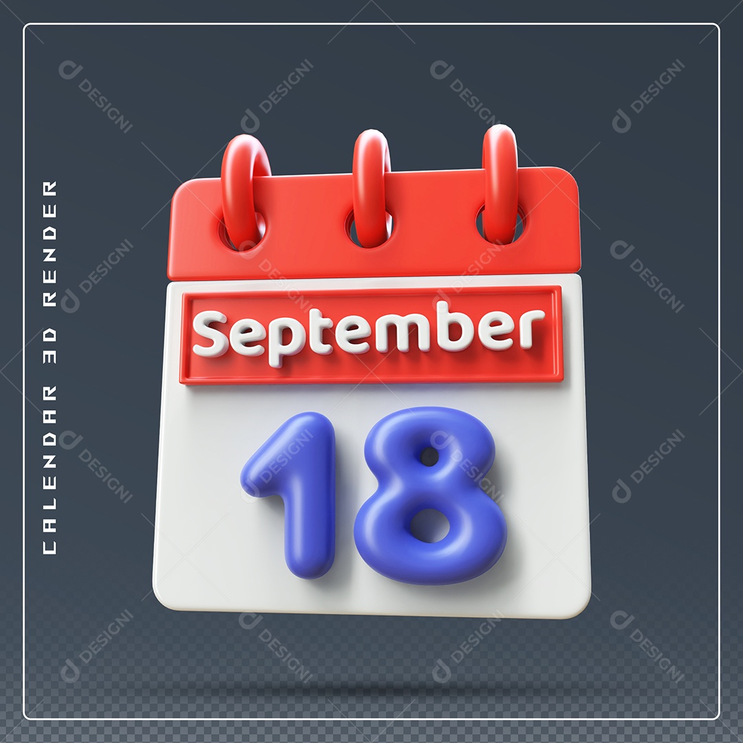 Calendário Do mês Setembro Dia 18 Elemento 3D Vermelho Azul e Branco Para Composição PSD
