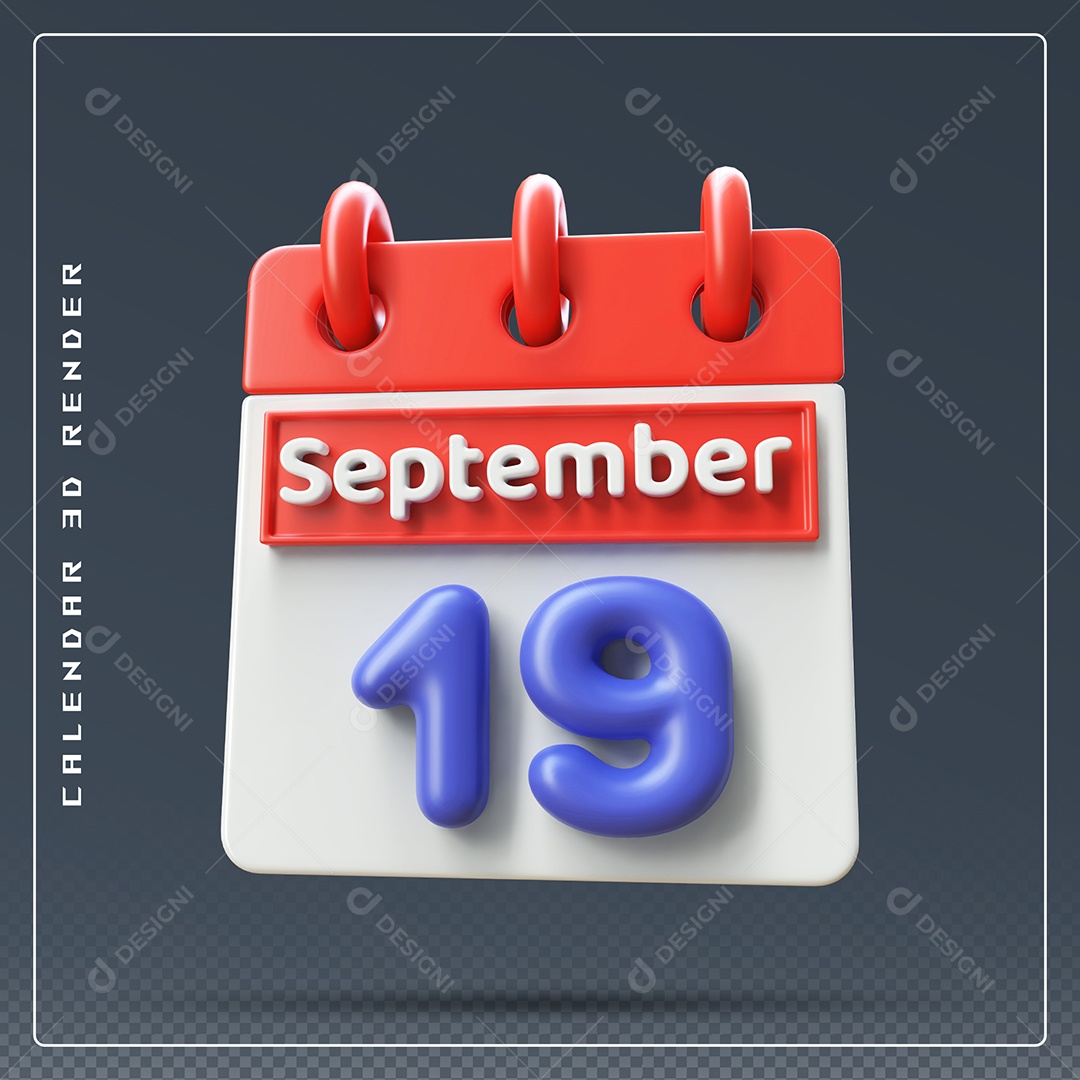 Calendário Do mês Setembro Dia 19 Elemento 3D Vermelho Azul e Branco Para Composição PSD