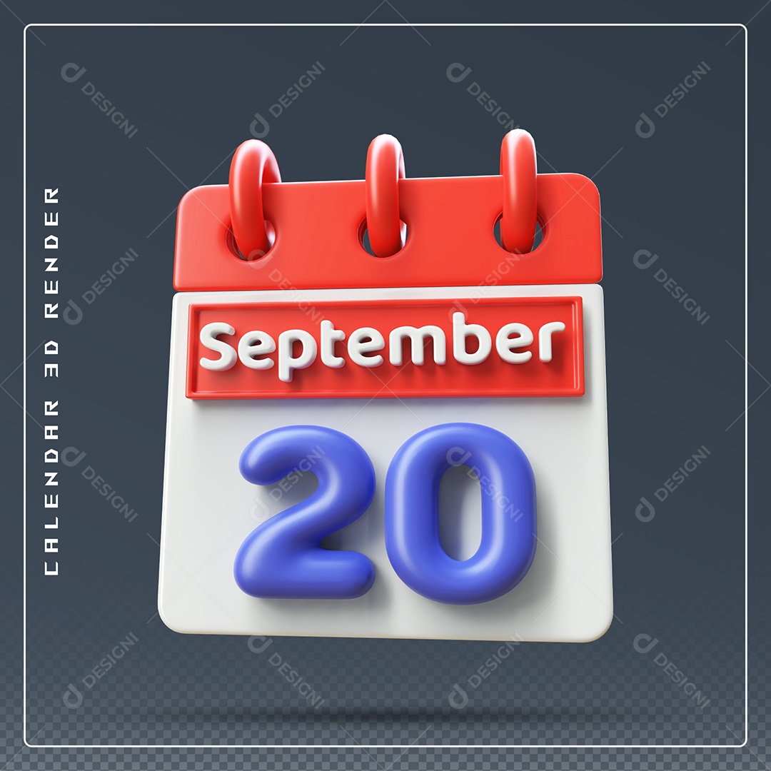 Calendário Do mês Setembro Dia 20 Elemento 3D Vermelho Azul e Branco Para Composição PSD