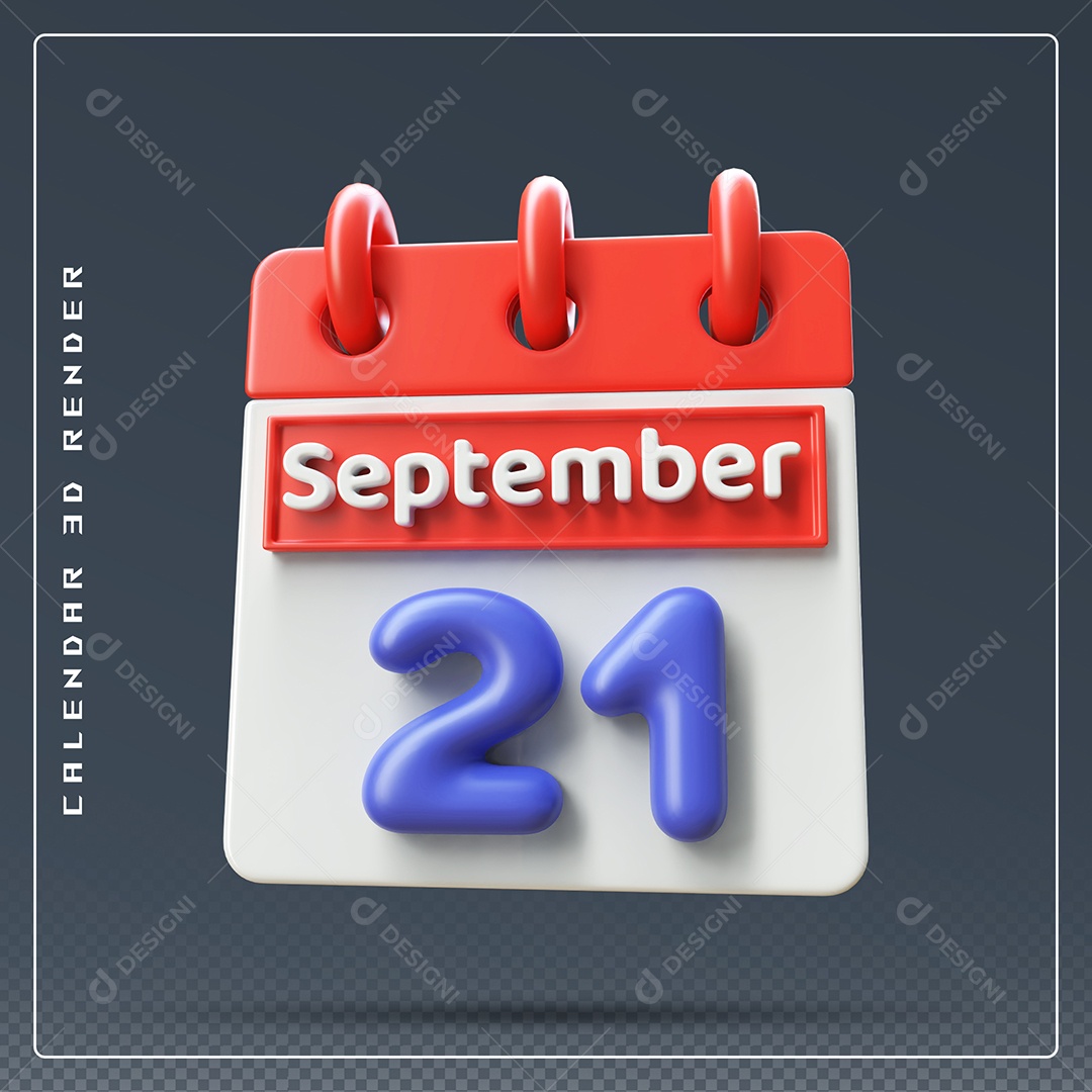 Calendário Do mês Setembro Dia 21 Elemento 3D Vermelho Azul e Branco Para Composição PSD