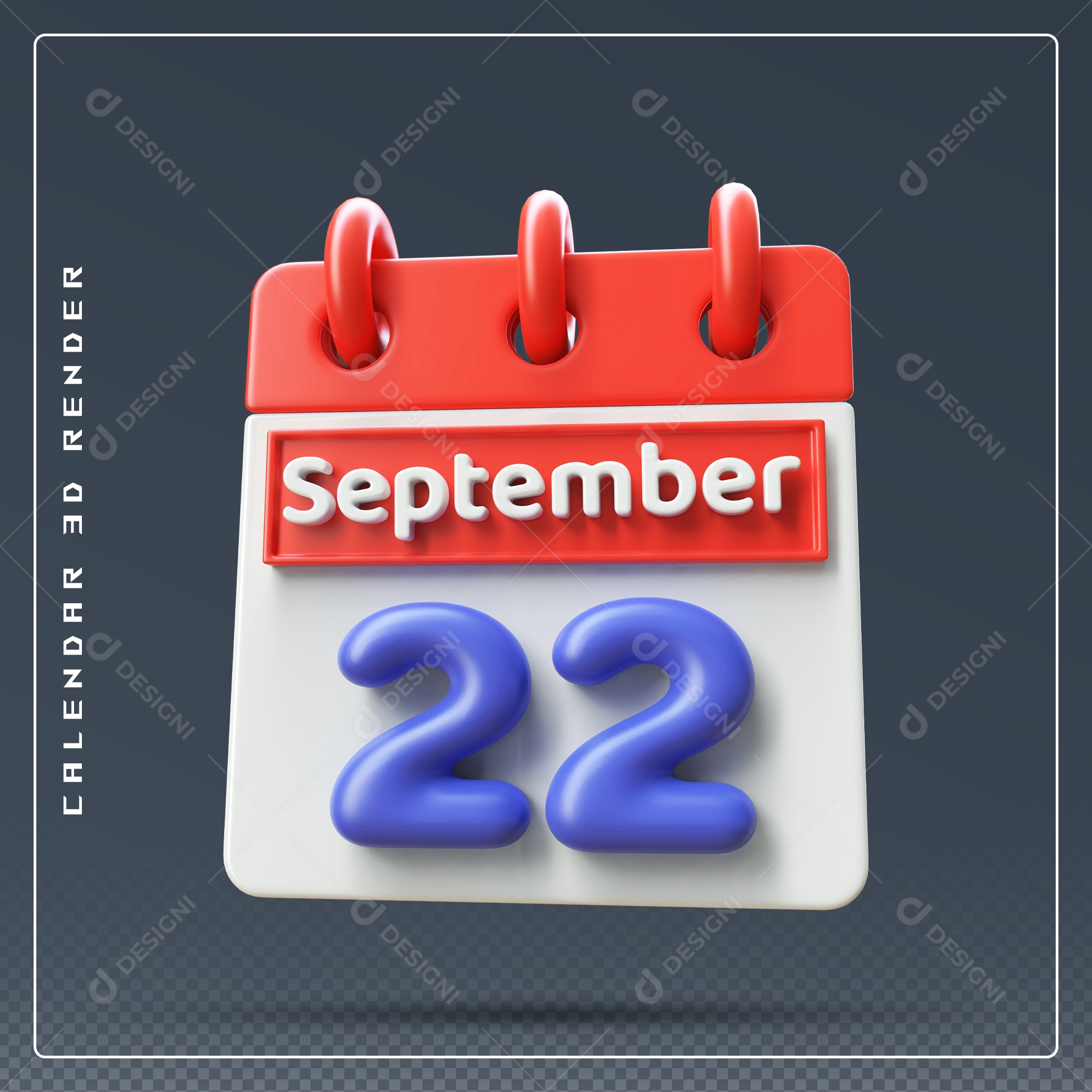 Calendário Do mês Setembro Dia 22 Elemento 3D Vermelho Azul e Branco Para Composição PSD
