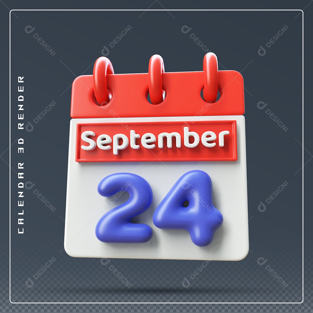 Calendário Do mês Setembro Dia 24 Elemento 3D Vermelho Azul e Branco Para Composição PSD