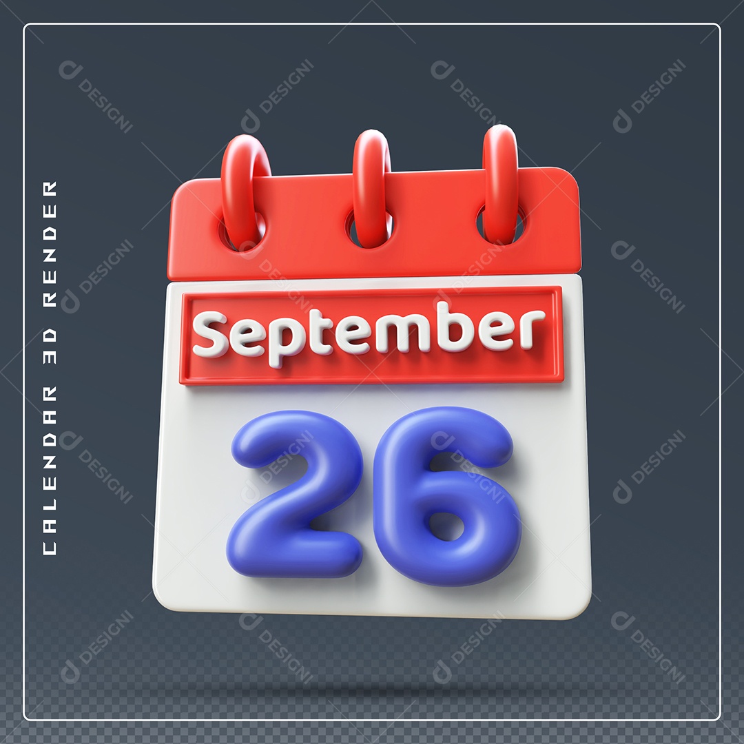 Calendário Do mês Setembro Dia 26 Elemento 3D Vermelho Azul e Branco Para Composição PSD