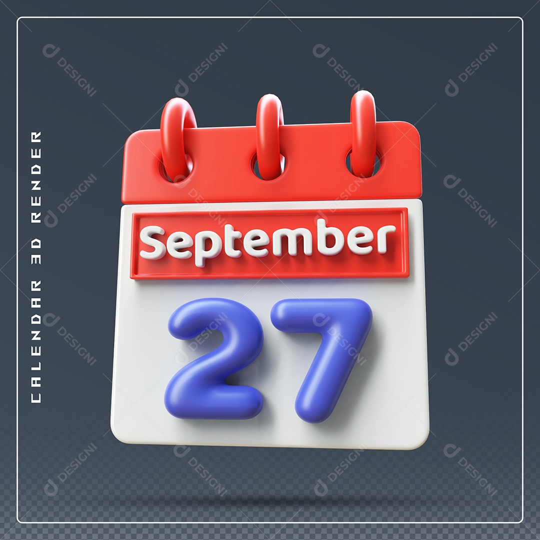 Calendário Do mês Setembro Dia 27 Elemento 3D Vermelho Azul e Branco Para Composição PSD