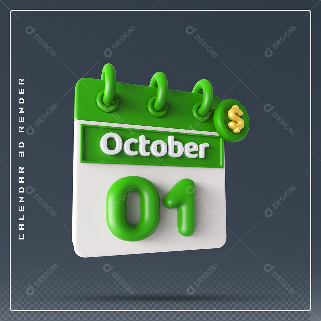 Calendário  Do mês Outubro Dia 01 Elemento 3D Verde e Branco Para Composição PSD