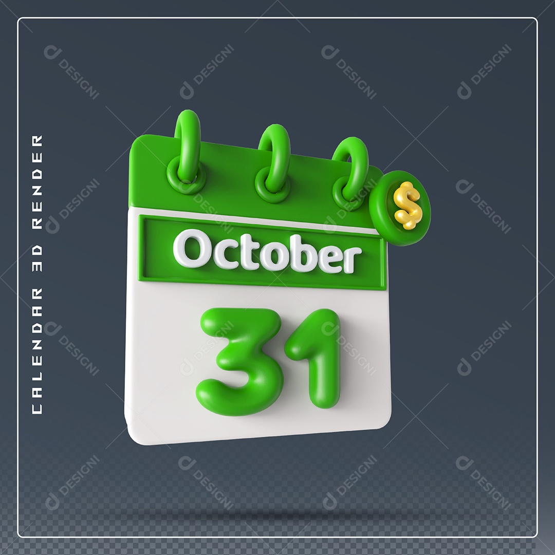 Calendário  Do mês Outubro Dia 31 Elemento 3D Verde e Branco Para Composição PSD