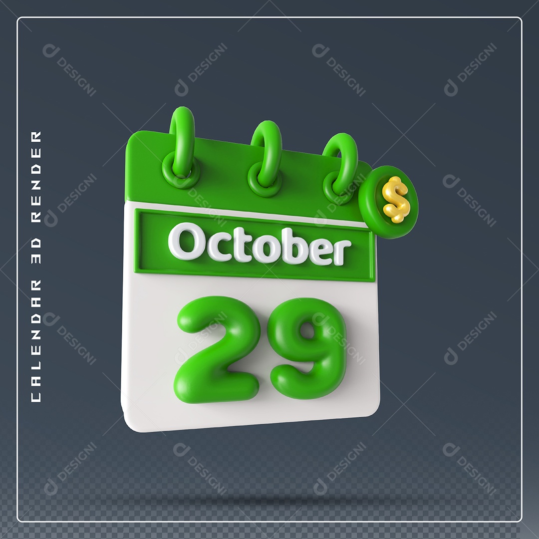 Calendário  Do mês Outubro Dia 29 Elemento 3D Verde e Branco Para Composição PSD