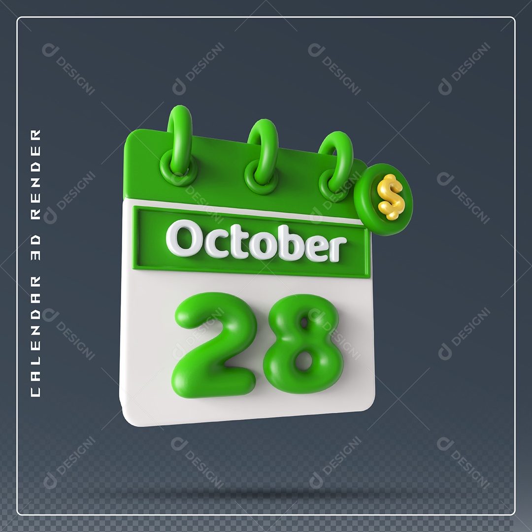 Calendário  Do mês Outubro Dia 28 Elemento 3D Verde e Branco Para Composição PSD