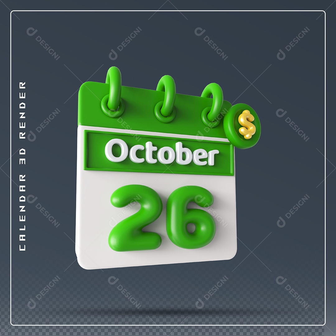 Calendário  Do mês Outubro Dia 26 Elemento 3D Verde e Branco Para Composição PSD