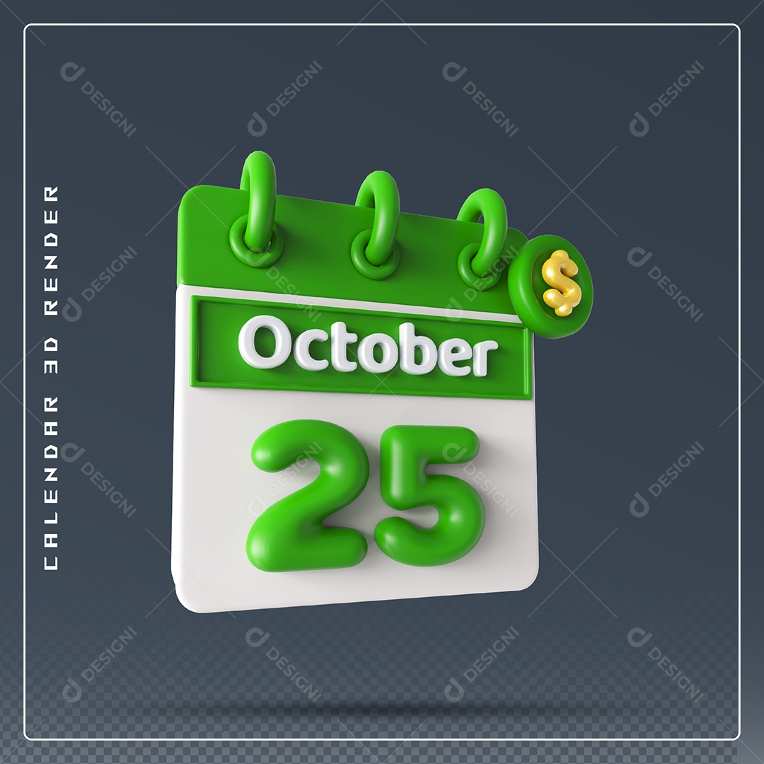 Calendário  Do mês Outubro Dia 25 Elemento 3D Verde e Branco Para Composição PSD