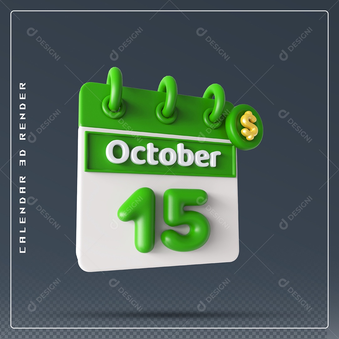 Calendário  Do mês Outubro Dia 15 Elemento 3D Verde e Branco Para Composição PSD