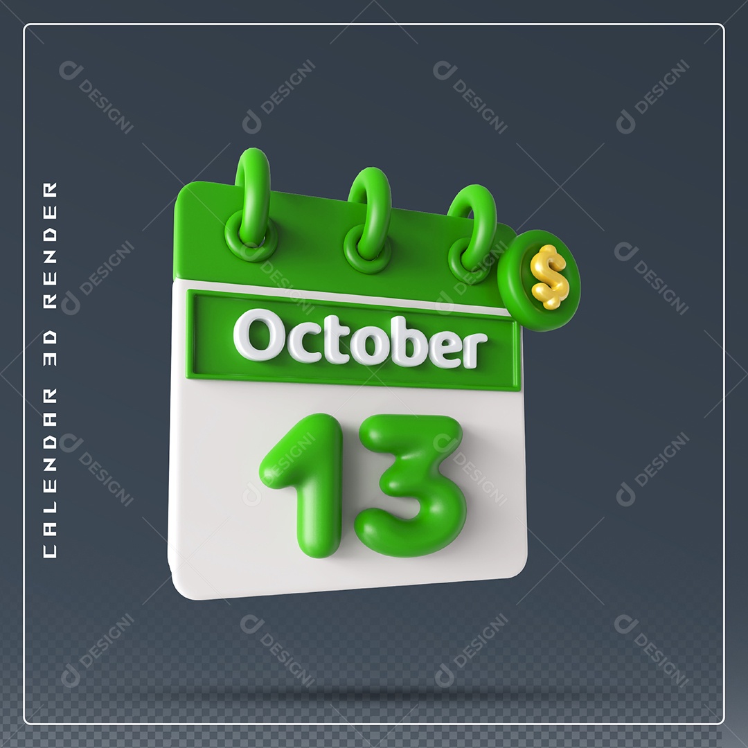 Calendário  Do mês Outubro Dia 13 Elemento 3D Verde e Branco Para Composição PSD