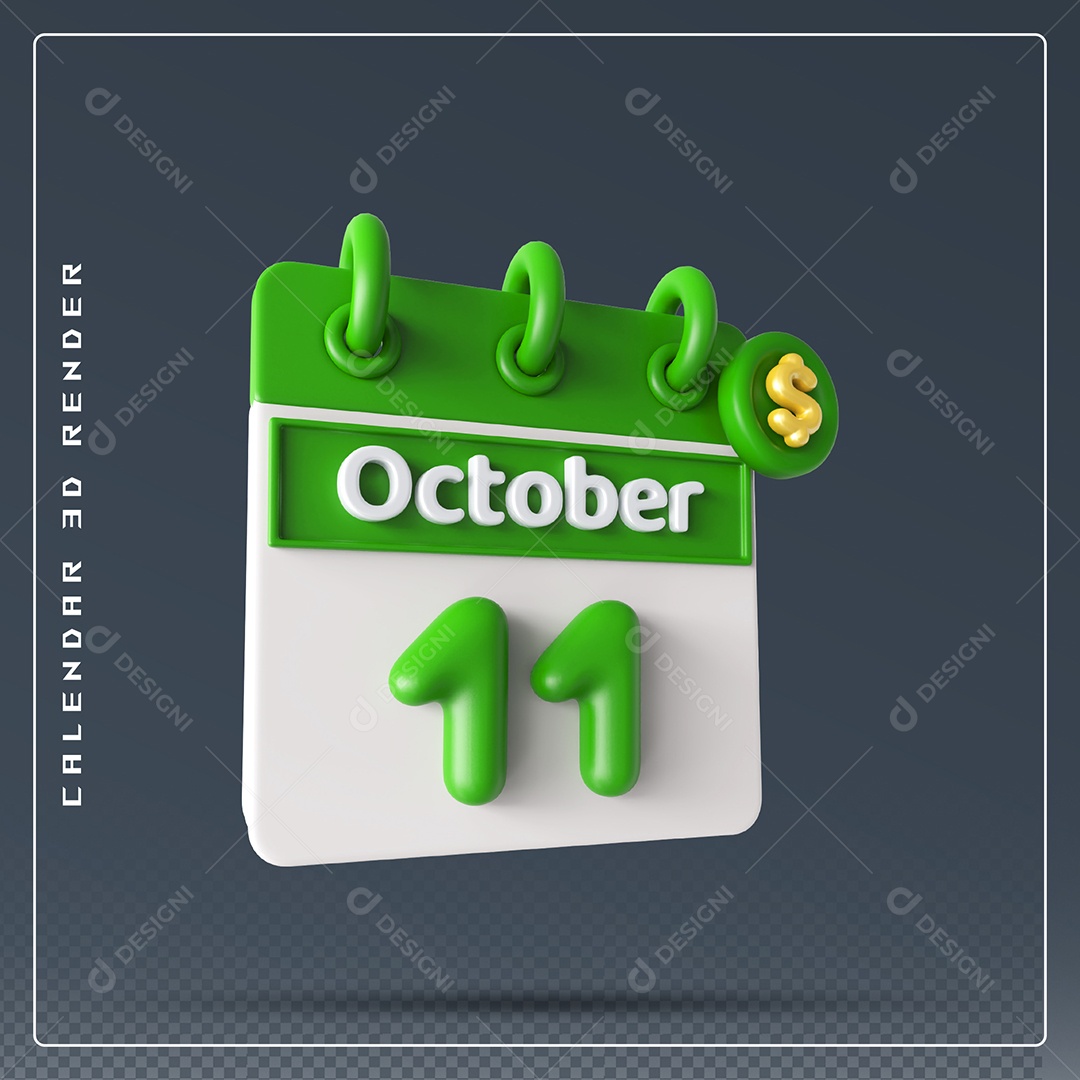 Calendário  Do mês Outubro Dia 11 Elemento 3D Verde e Branco Para Composição PSD