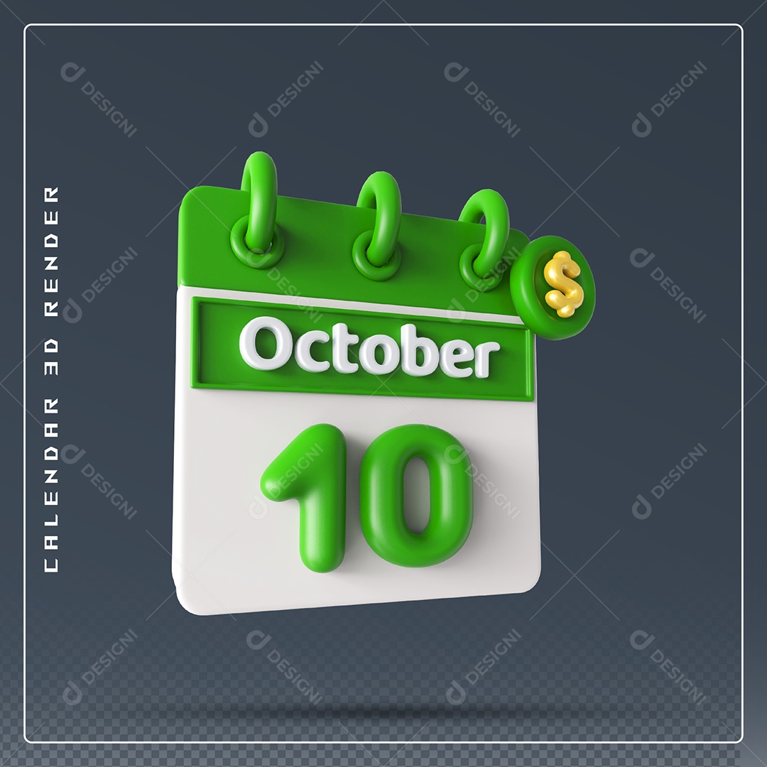 Calendário  Do mês Outubro Dia 10 Elemento 3D Verde e Branco Para Composição PSD