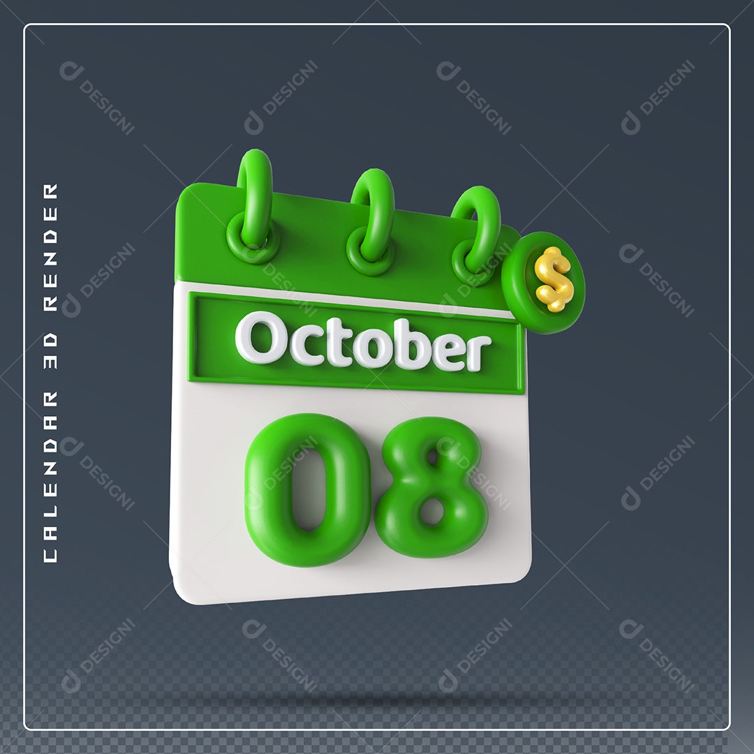 Calendário  Do mês Outubro Dia 08 Elemento 3D Verde e Branco Para Composição PSD
