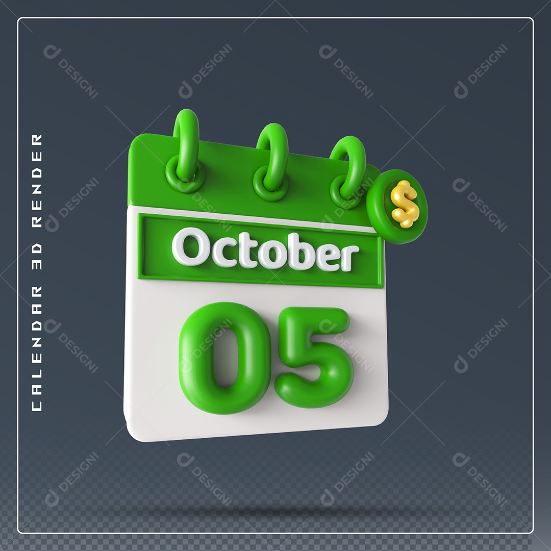 Calendário  Do mês Outubro Dia 05 Elemento 3D Verde e Branco Para Composição PSD