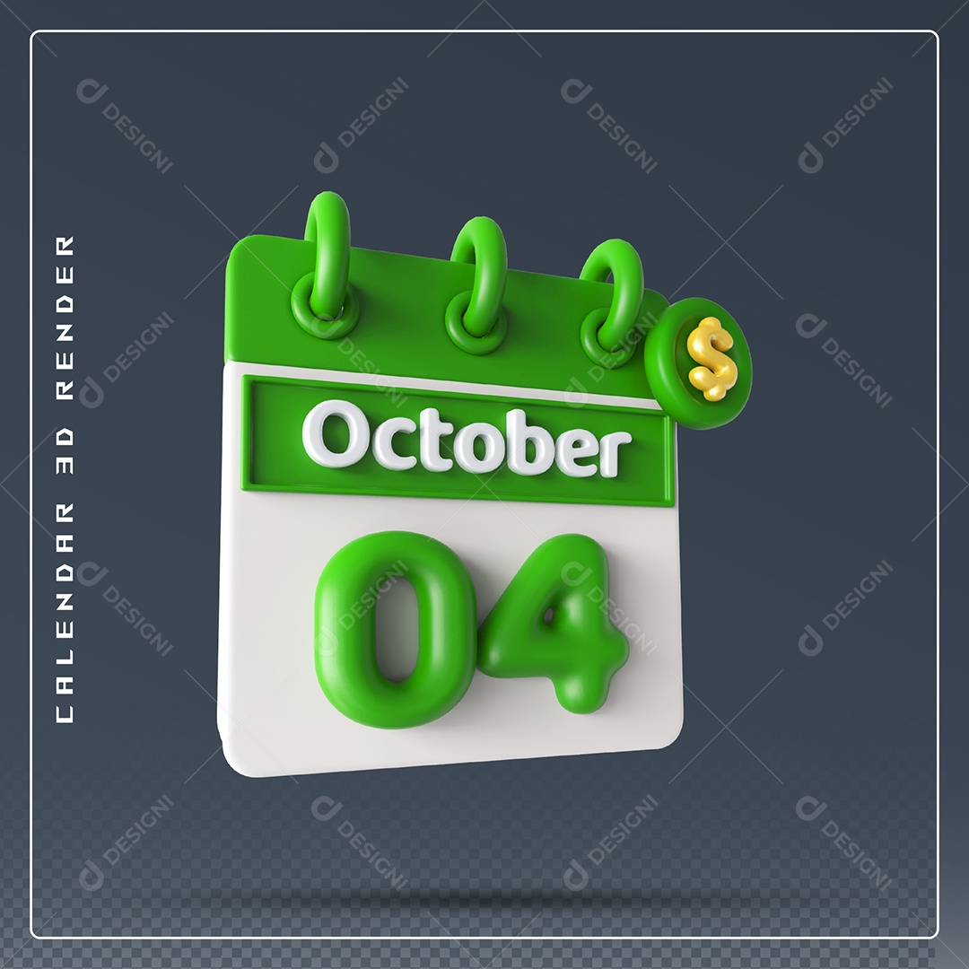 Calendário  Do mês Outubro Dia 04 Elemento 3D Verde e Branco Para Composição PSD