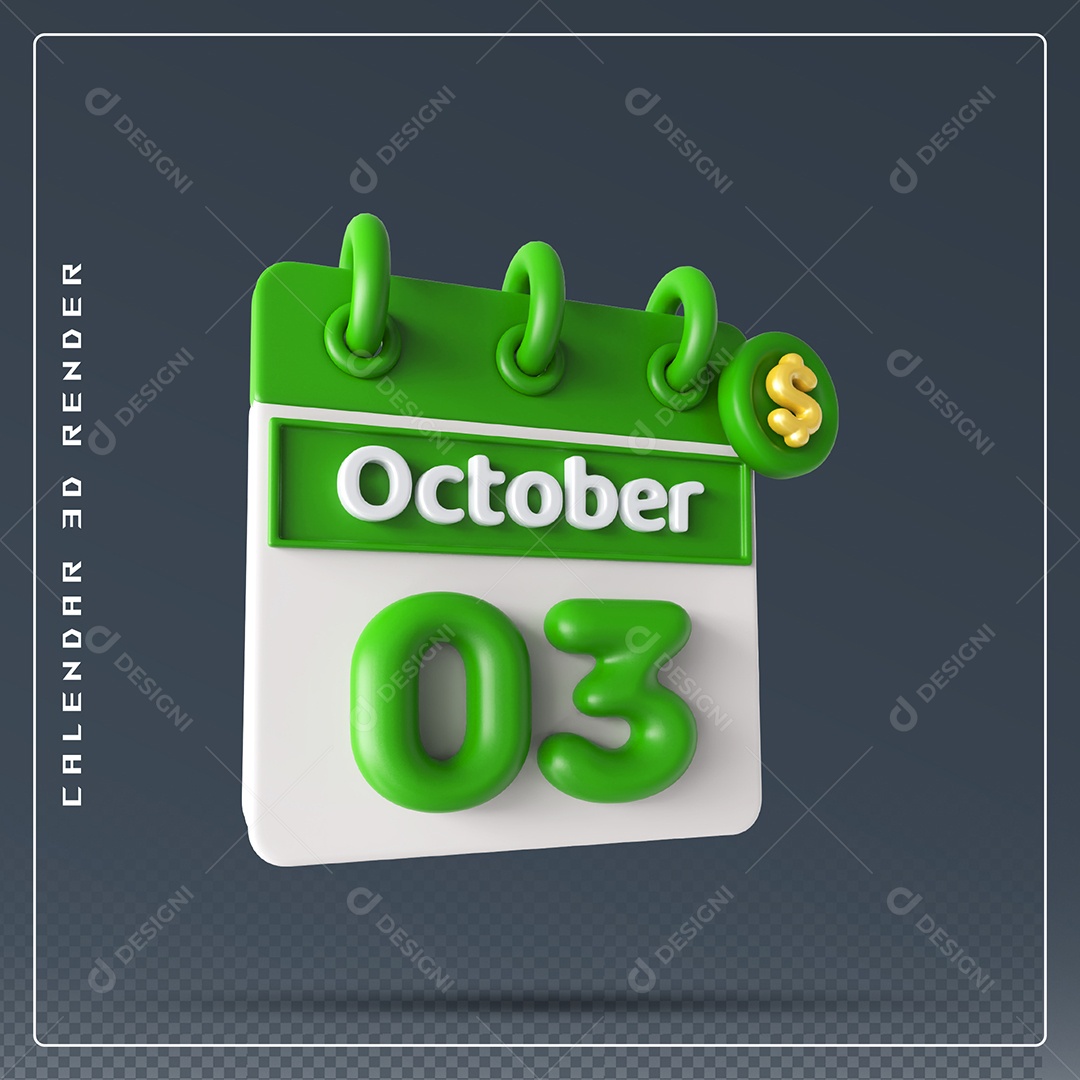 Calendário  Do mês Outubro Dia 03 Elemento 3D Verde e Branco Para Composição PSD