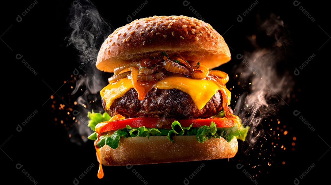 Delicioso hambúrguer com carne e legumes.