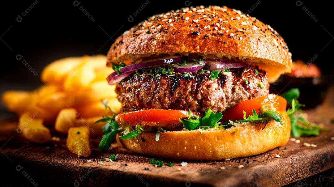 Delicioso hambúrguer com carne e legumes e pão.