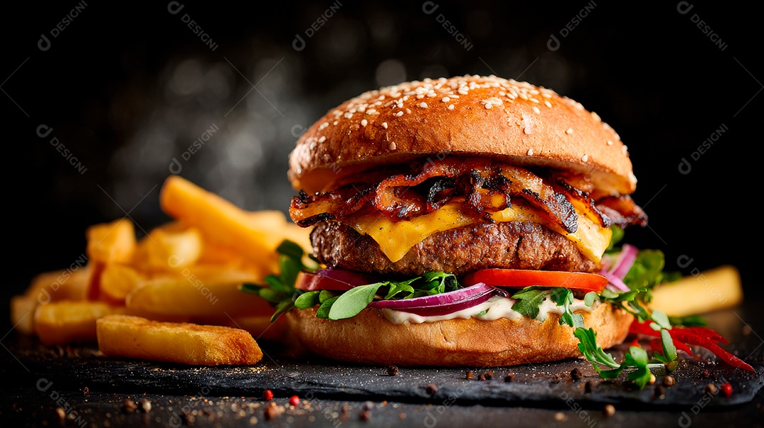 Delicioso hambúrguer com carne e legumes.