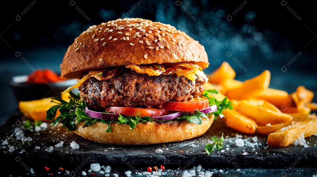 Delicioso hambúrguer com carne e legumes.