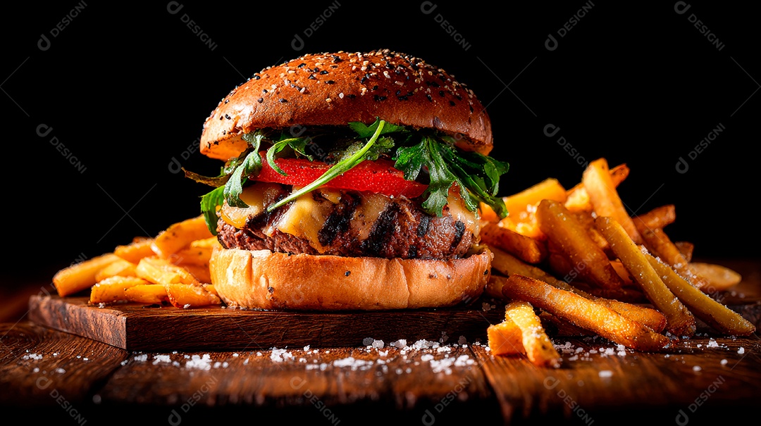 Delicioso hambúrguer com carne e legumes e pão.