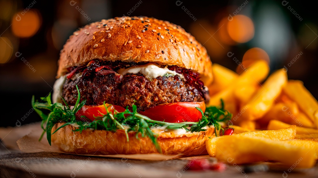 Delicioso hambúrguer com carne e legumes e pão.