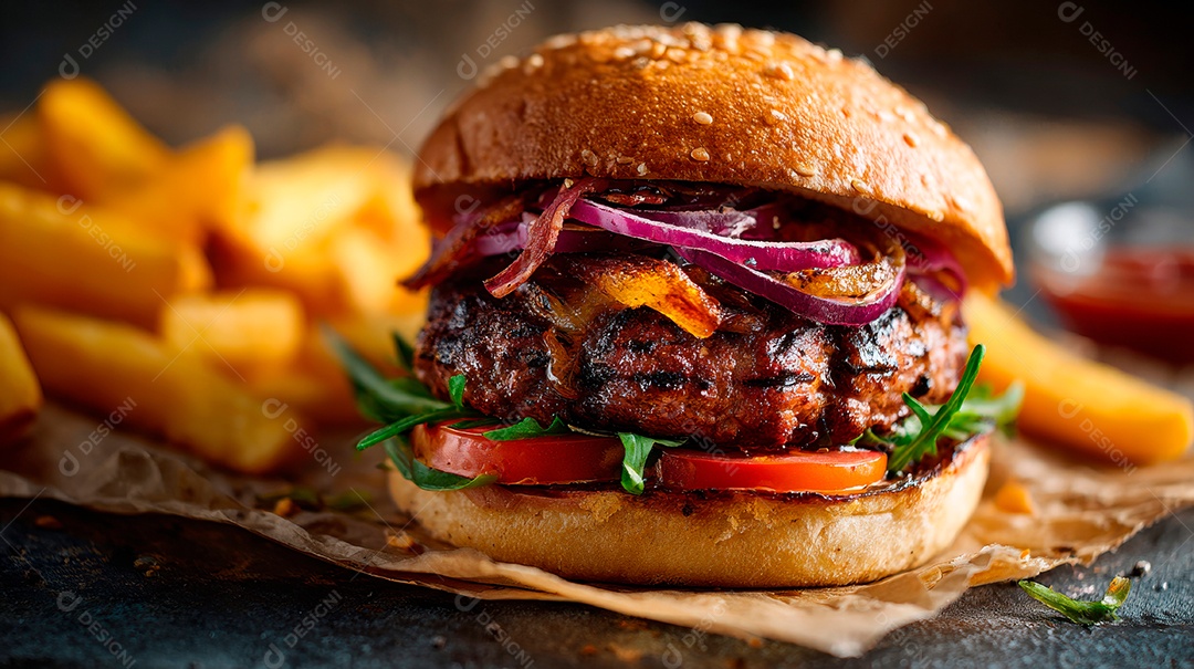 Delicioso hambúrguer com carne e legumes e pão.