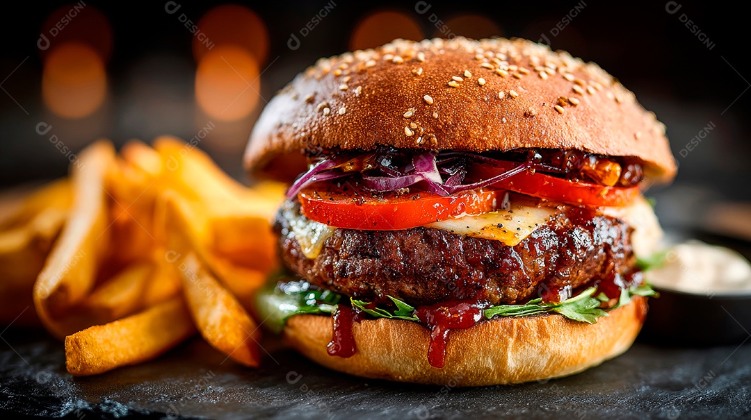 Delicioso hambúrguer com carne e legumes e pão.