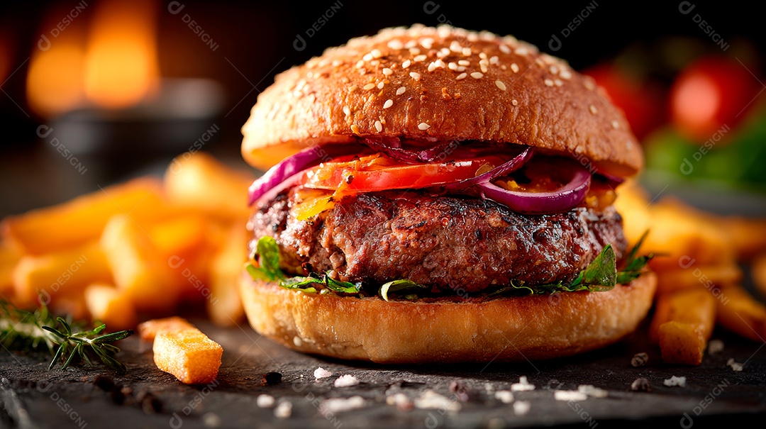Delicioso hambúrguer com carne e legumes.