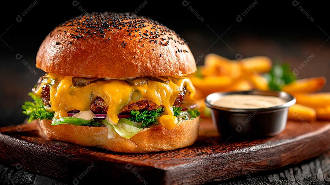 Delicioso hambúrguer com carne e legumes.