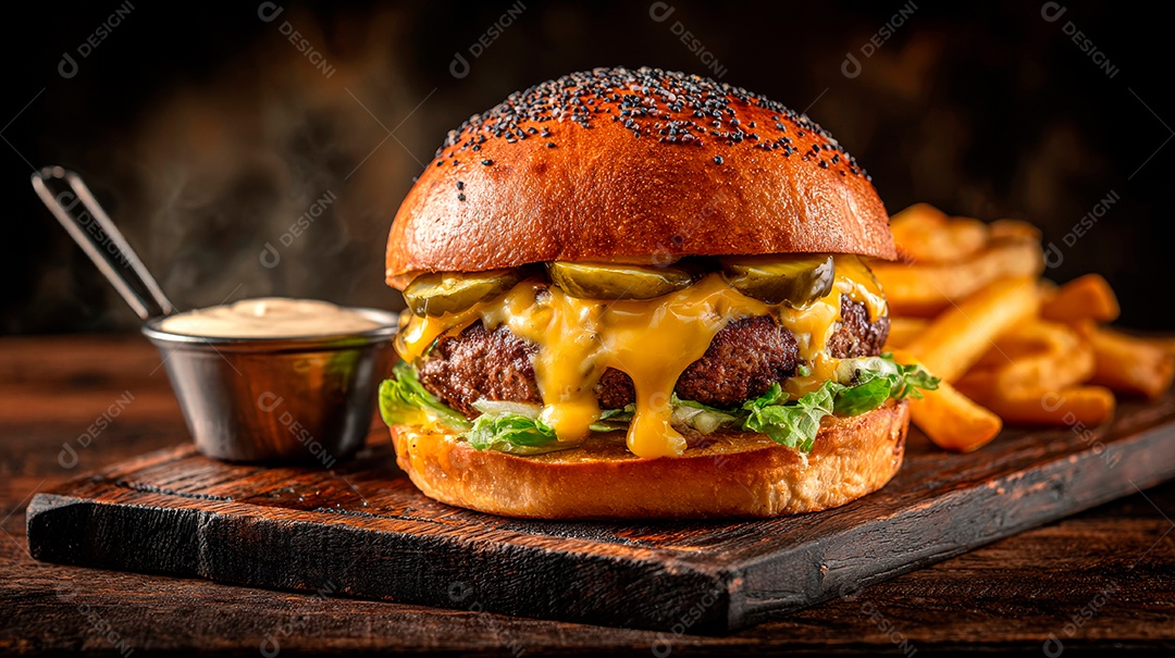 Delicioso hambúrguer com carne e legumes e pão.